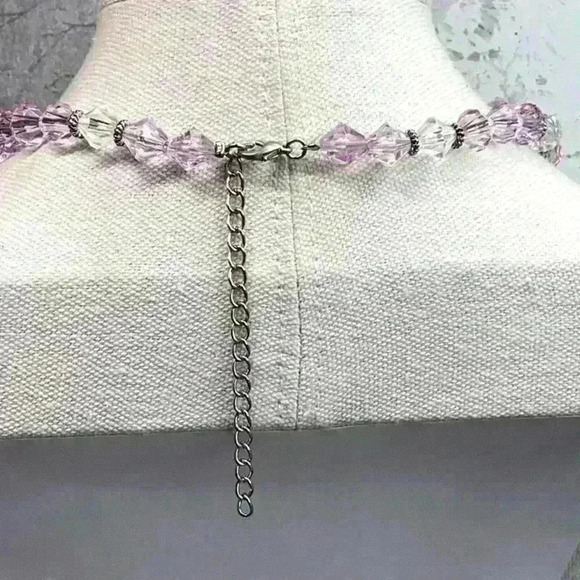 Vintage Pink and Clear Necklace with Silver Details and Rose Painted White Beads - Picture 3 of 3